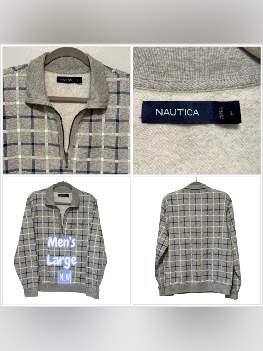 Men’s Nautica Large Quarter 1/4 Sweatshirt Square Gray Long Sleeve Fleece